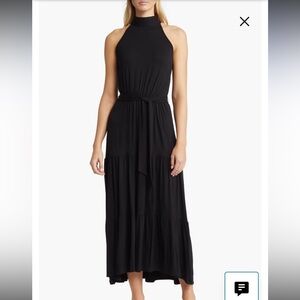 Sleeveless Silky Black Halter Maxi Dress with Waist Tie